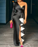 One Shoulder Satin High Slit Ruffles Evening Dress