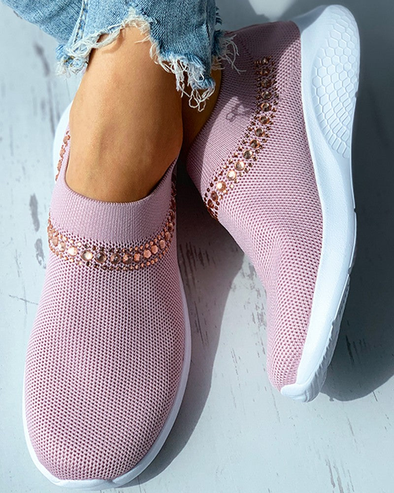 Beaded Rhinestone Breathable Knit Slip On Sneaker