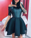 Off Shoulder PU Leather Patch Casual Dress