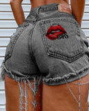 Lip Letter Print Fringe Denim Shorts