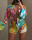 Paisley Print Colorblock Knotted Top & Shorts Set