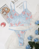 Floral Embroidery Sheer Mesh Patch Lingerie Set