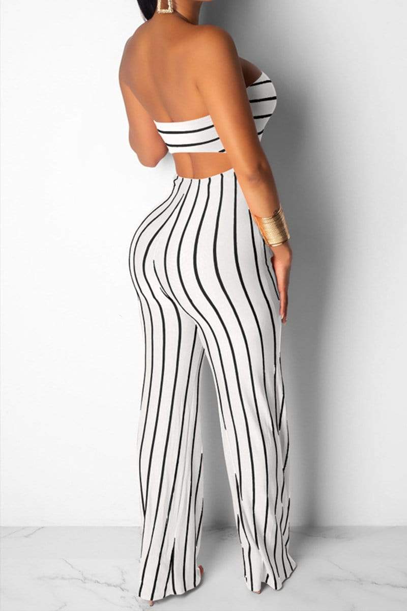 sexy nightclub striped navel jumpsuit