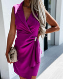 Solid Color Lapel Neck Wrap Hem Sleeveless Blazer Dress