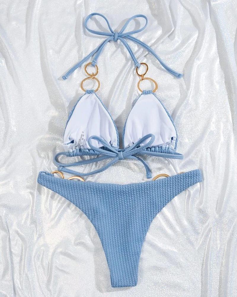 O Ring Decor Ribbed Sleeveless Bikini Set