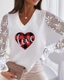V Neck Lace Long Sleeve Letter Heart Print Top