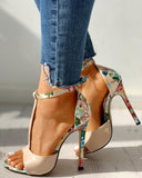 Contrast Color Floral Splicing Ankle Strap Heeled Sandals