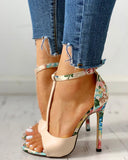 Contrast Color Floral Splicing Ankle Strap Heeled Sandals