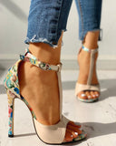 Contrast Color Floral Splicing Ankle Strap Heeled Sandals