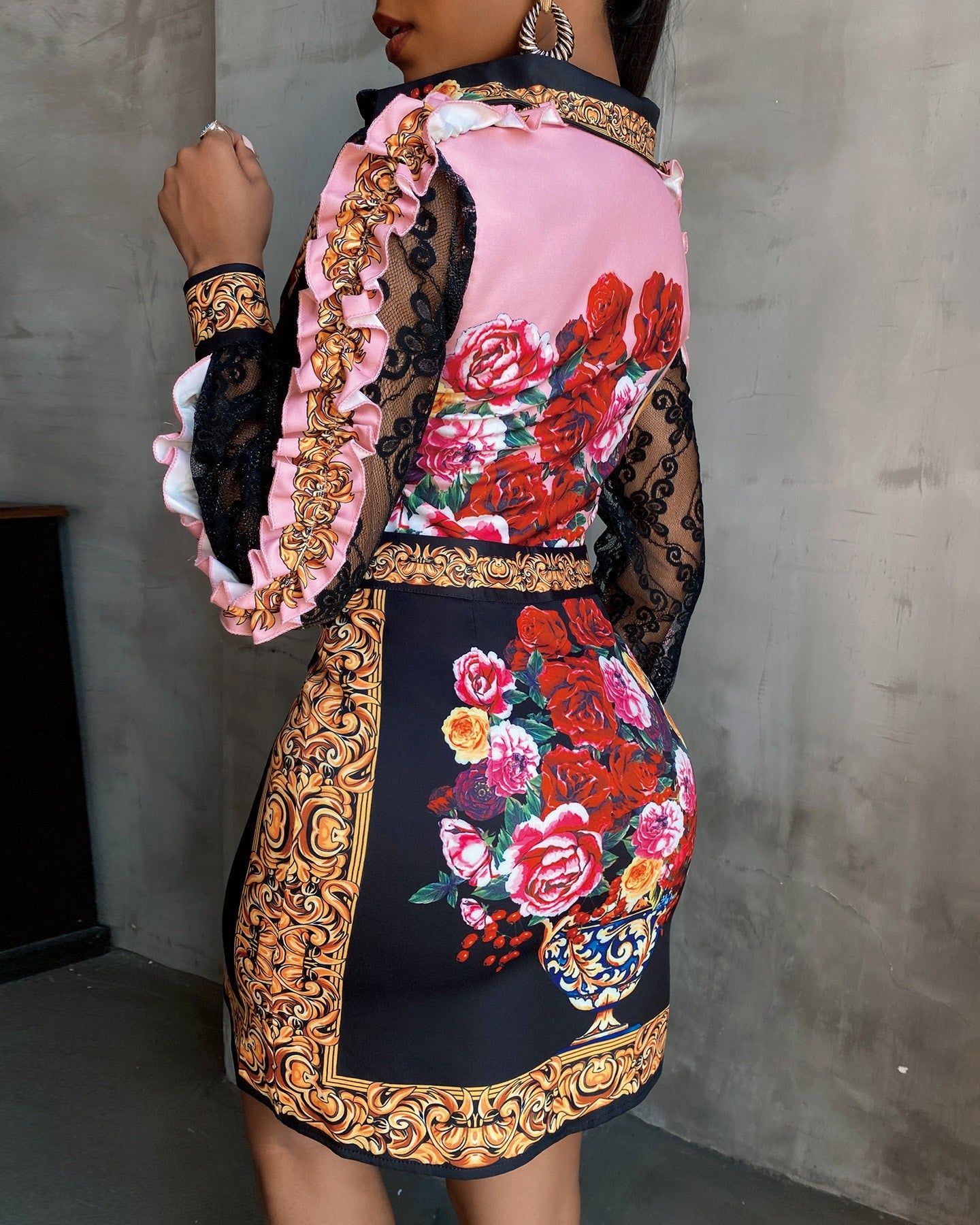 Floral Print Lace Ruffles Top & Skirt Set