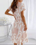 Letter Print Button Front Short Sleeve Casual Dress