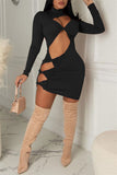 Fashion Sexy Solid Hollowed Out Turtleneck Long Sleeve Dresses