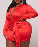 Plus Size Long Sleeve Ruched Ruffle Detail Satin Party Dress