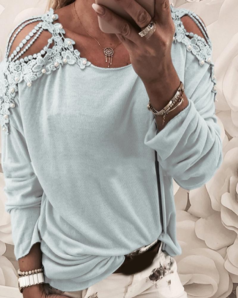 Floral Pattern Beaded Cut Out Casual Top