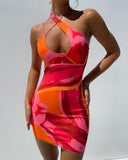 Abstract Print Halter Cutout Bodycon Dress