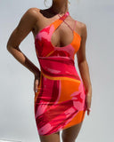 Abstract Print Halter Cutout Bodycon Dress