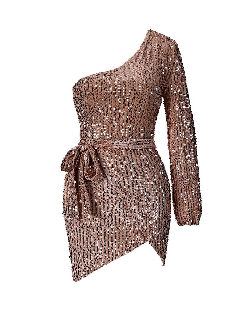 Sequined One Shoulder Bodycon Mini Dress