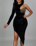One Shoulder Contrast Sequin Ruched Party Dress