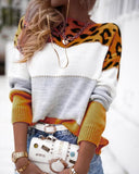 Leopard Patch Colorblock Long Sleeve Sweater