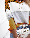 Leopard Patch Colorblock Long Sleeve Sweater