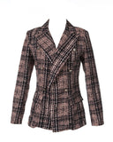 Plaid Print Lapel Collar Double Breasted Tweed Blazer