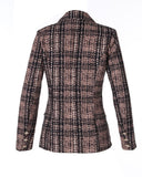 Plaid Print Lapel Collar Double Breasted Tweed Blazer