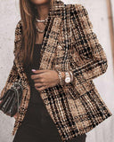 Plaid Print Lapel Collar Double Breasted Tweed Blazer