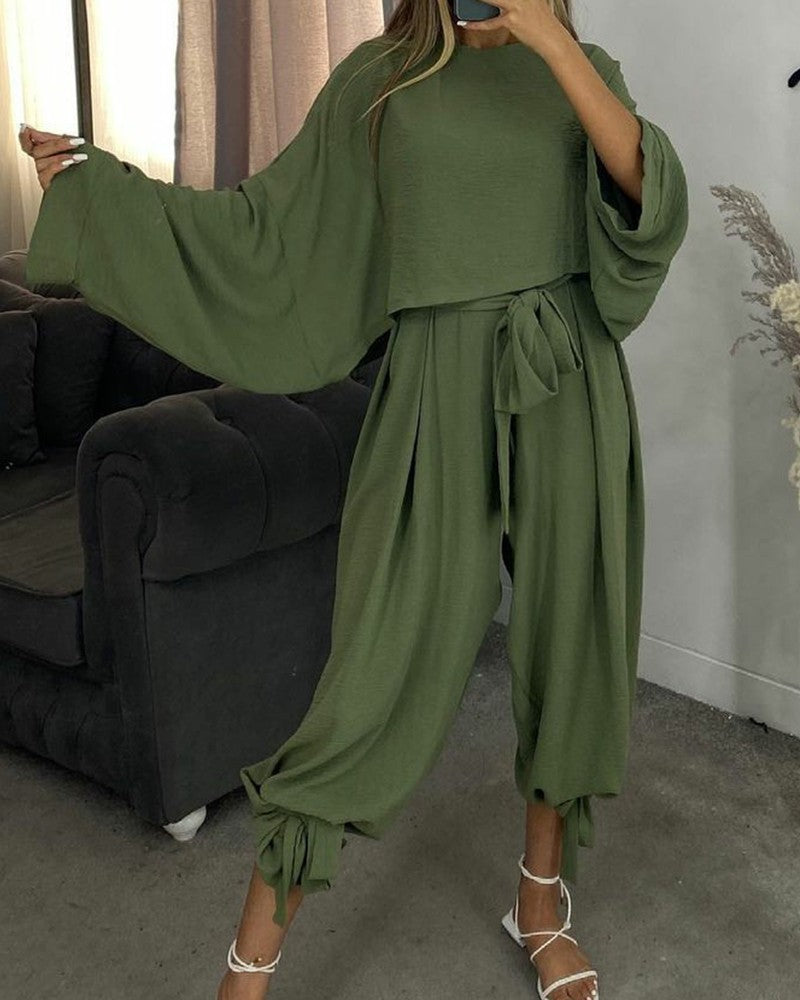 Solid Color Batwing Sleeve Top & Belted Pants Set