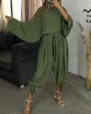 Solid Color Batwing Sleeve Top & Belted Pants Set