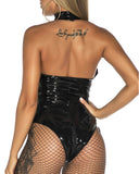 Chain Decor Backless PU Leather Mesh Patch Crotchless Teddy