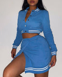 Buttoned Striped Baseball Jacket & Slit Skirt Set