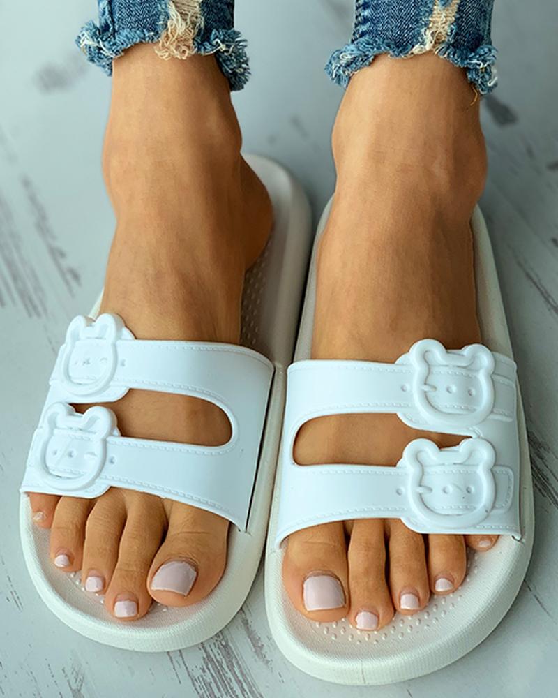 Bear Pattern Buckled Flat Sandals