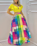 Solid O Ring Crop Top & Colorful Plaid Skirt Set