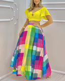 Solid O Ring Crop Top & Colorful Plaid Skirt Set