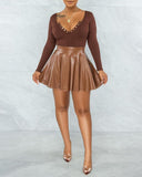 Ribbed Long Sleeve Top & PU Leather Ruched Skirt Set