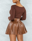 Ribbed Long Sleeve Top & PU Leather Ruched Skirt Set