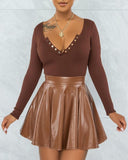 Ribbed Long Sleeve Top & PU Leather Ruched Skirt Set