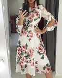 Cold Shoulder Cutout Sleeve Ruffles Floral Print Dress