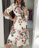 Cold Shoulder Cutout Sleeve Ruffles Floral Print Dress