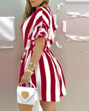 Striped Colorblock Ruffles Shirt Dress