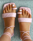 Square Toe Ring Quilted Strappy Flat Sandals