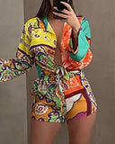 Paisley Print Colorblock Knotted Top & Shorts Set