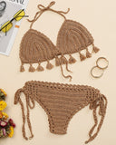Tassel Decor Tied Detail Halter Crochet Bikini Set