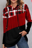 Casual Plaid Print Patchwork Hooded Collar Tops
