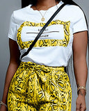 Letter Short Sleeve Tee With Snakeskin Shorts Sets