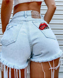 Lip Letter Print Fringe Denim Shorts