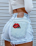 Lip Letter Print Fringe Denim Shorts