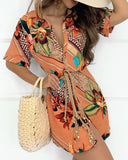 Button Design Graphic Tropical Print Short Sleeve Shirt Dress