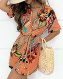 Button Design Graphic Tropical Print Short Sleeve Shirt Dress