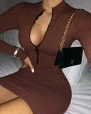 Knit Long Sleeve Zipper Design Bodycon Dress